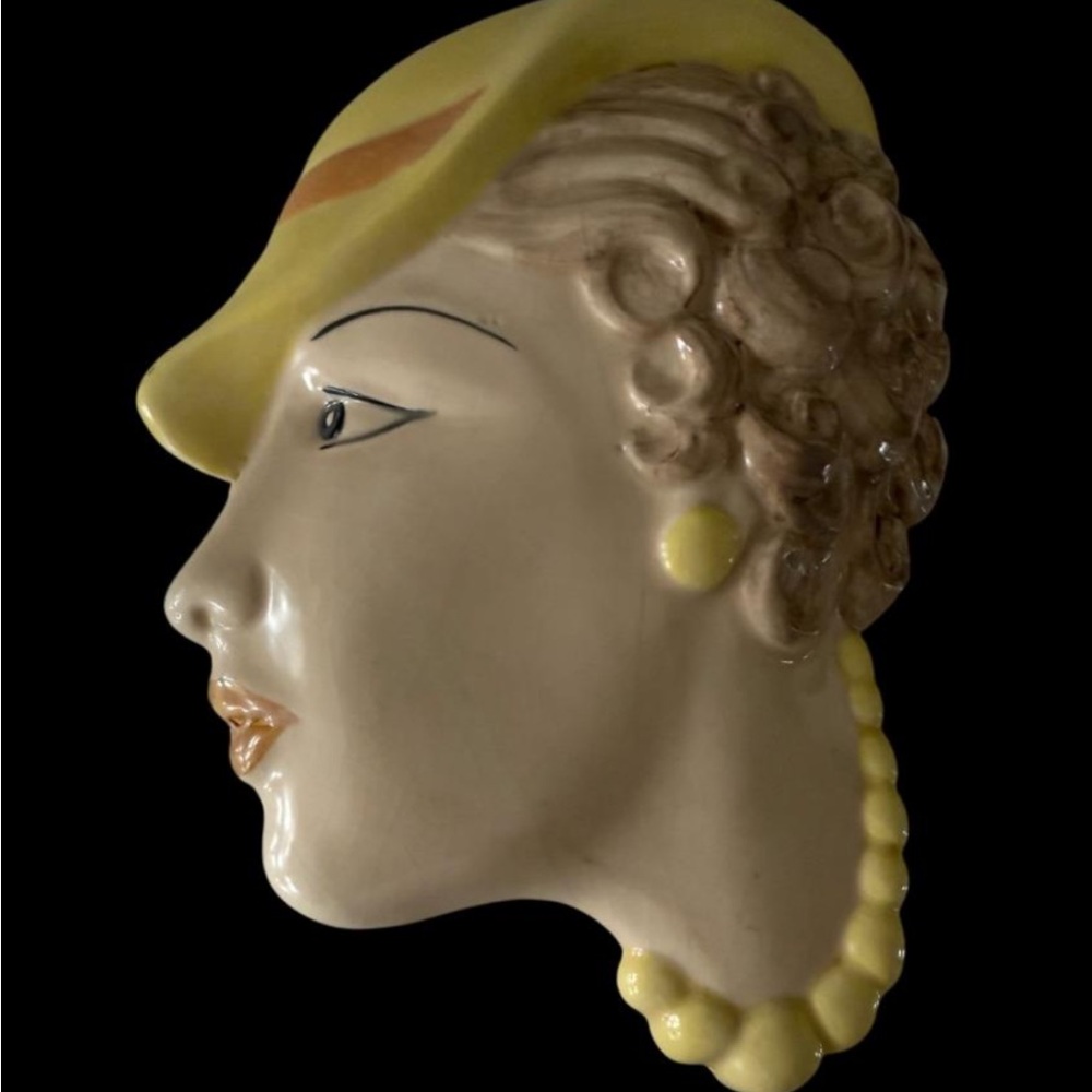 1930s Cope & Co England Art Deco Porcelain Wall Mask | Lady w/ Yellow Bonnet